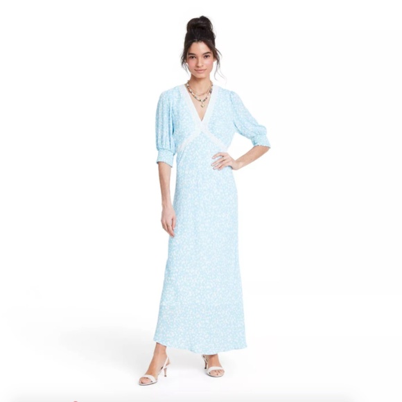 NWT! 💙 Rixo x Target Blue Floral Puff Sleeve Lace Inset Swing Dress, Size 10 - Picture 1 of 6